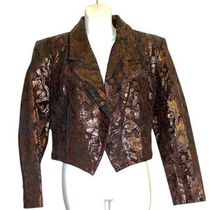 Pia Rucci Leather Jacket Women's 12  Brown Etched Floral Pattern. EUC